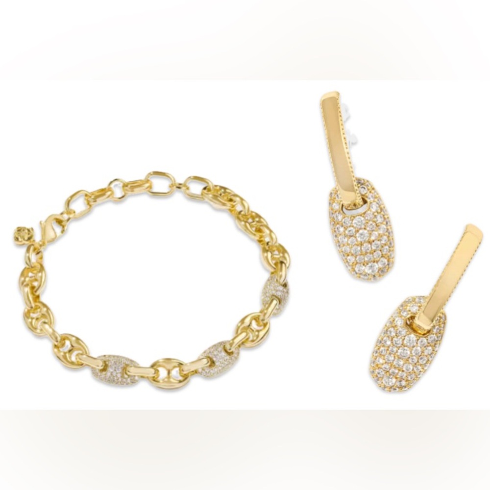 NWT Lot of 2x [Kendra Scott] Bailey Gold Pave Chain Bracelet & Huggie Earrings - Picture 2 of 11